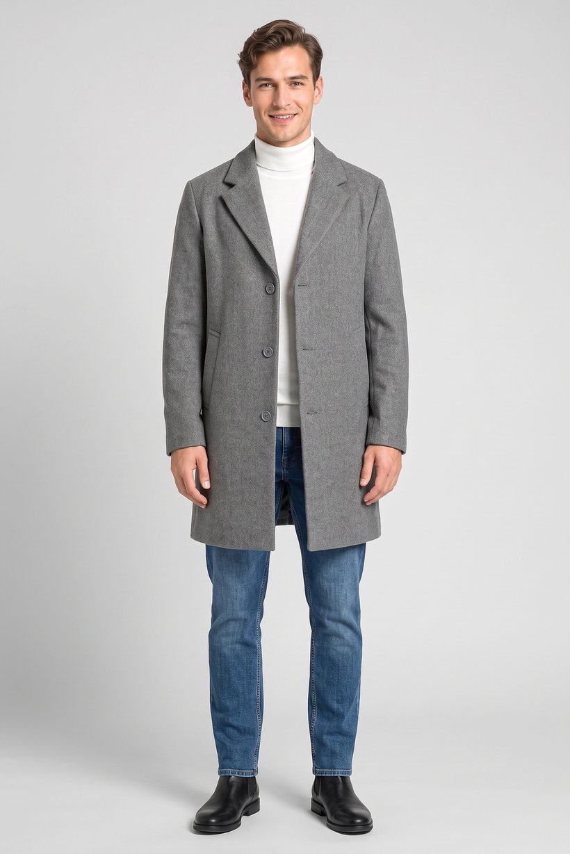 Men Plain Trench Coat, Dark Grey