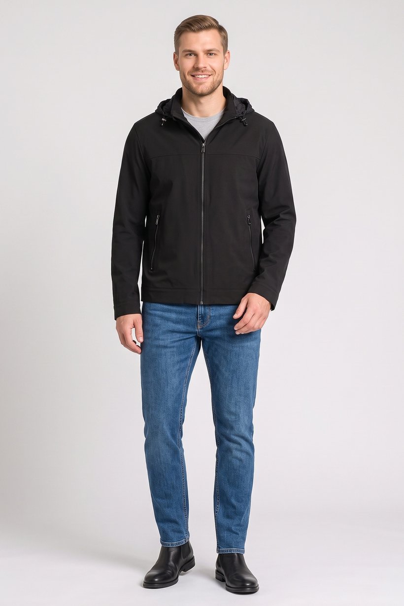 Men Solid Hooded Jacket, Black