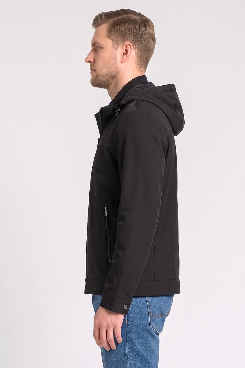 Men Solid Hooded Jacket, Black