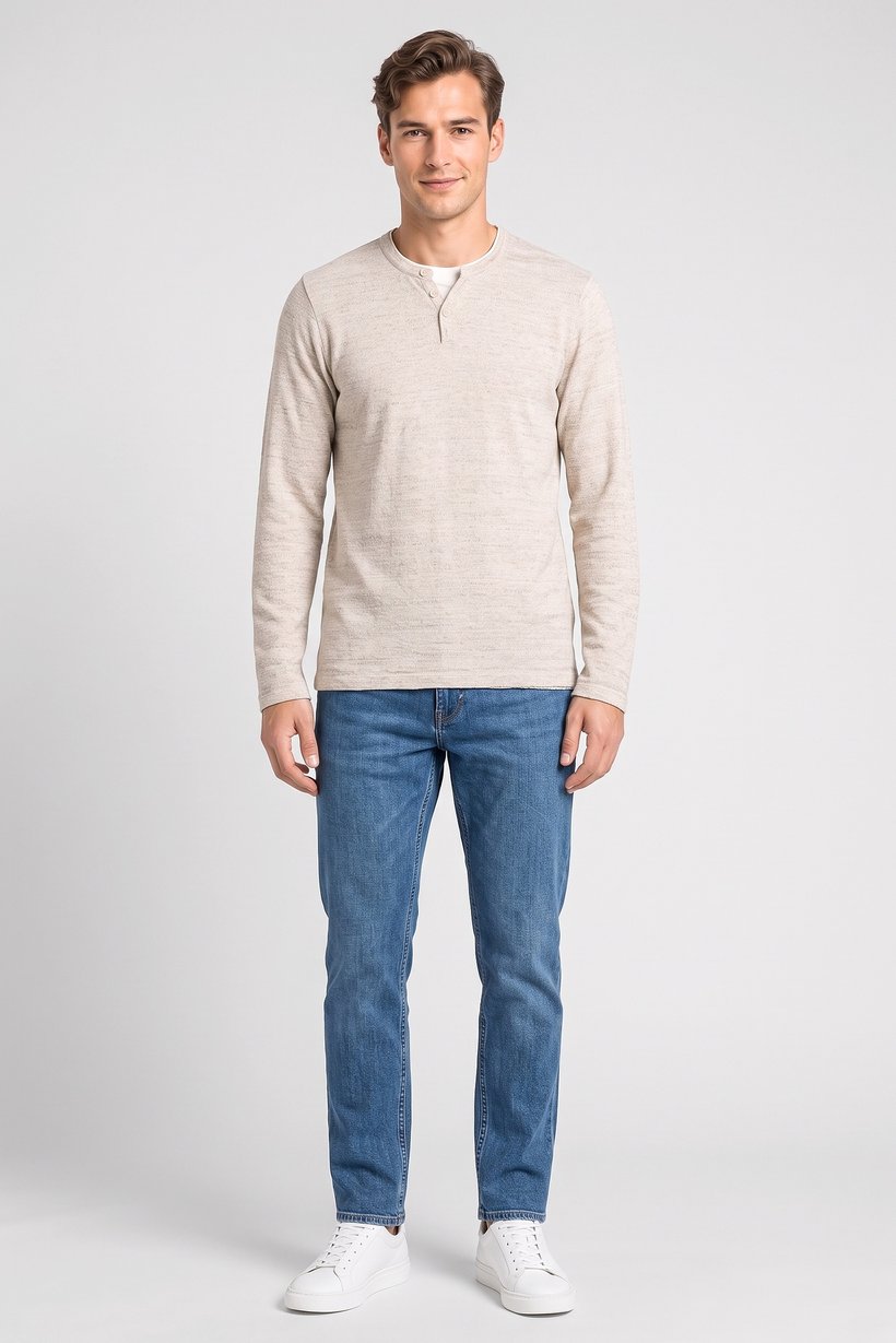 Men Crew Neck Textured Sweater, Heather Beige