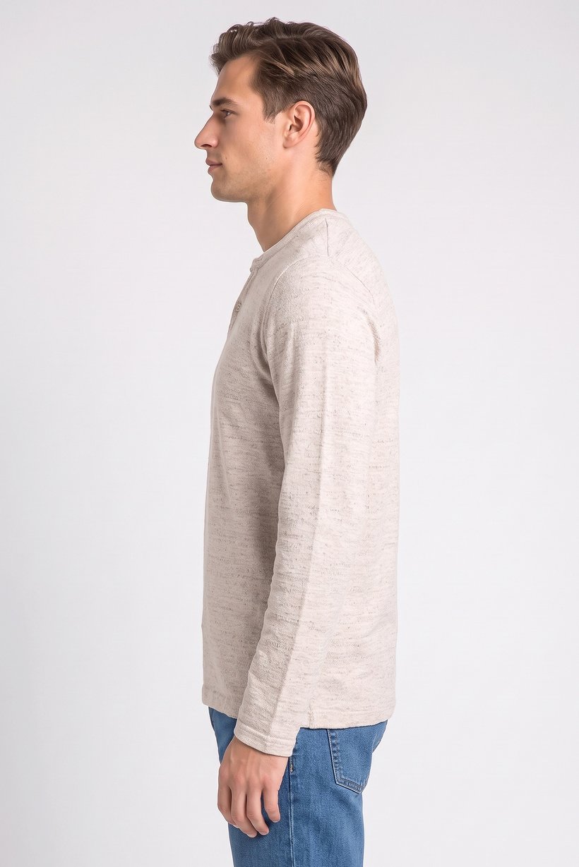 Men Crew Neck Textured Sweater, Heather Beige
