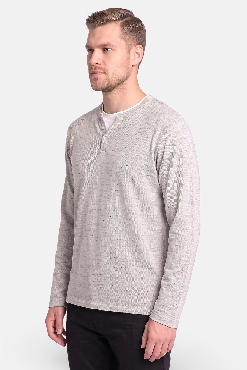 Men Crew Neck Long Sleeve Knitted T-Shirt, Light Grey