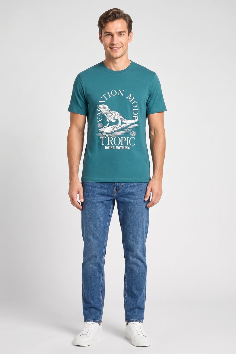 Men Crew Neck Short Sleeves Brand Logo T-Shirt, Teal Green