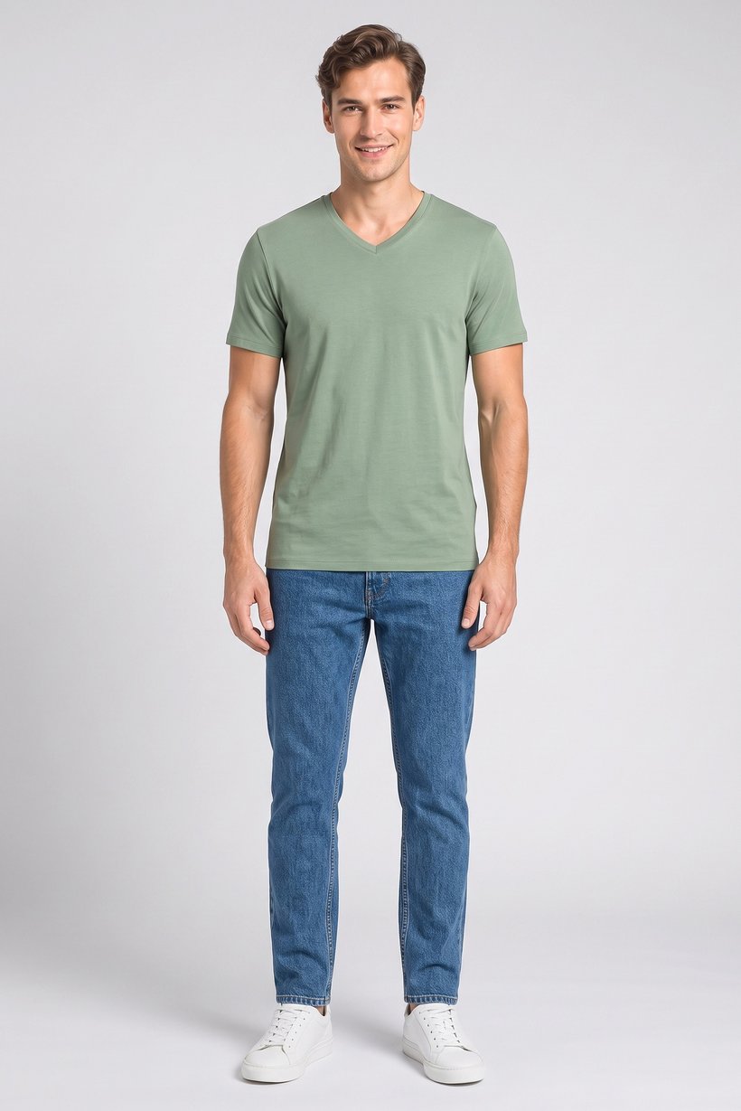 Men V-Neck Short Sleeve Solid T-Shirt, Green