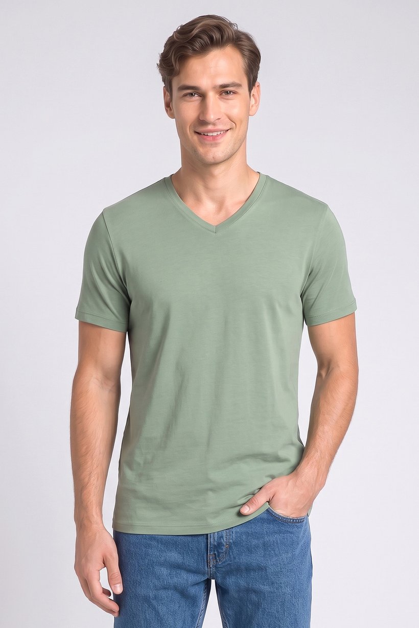 Men V-Neck Short Sleeve Solid T-Shirt, Green
