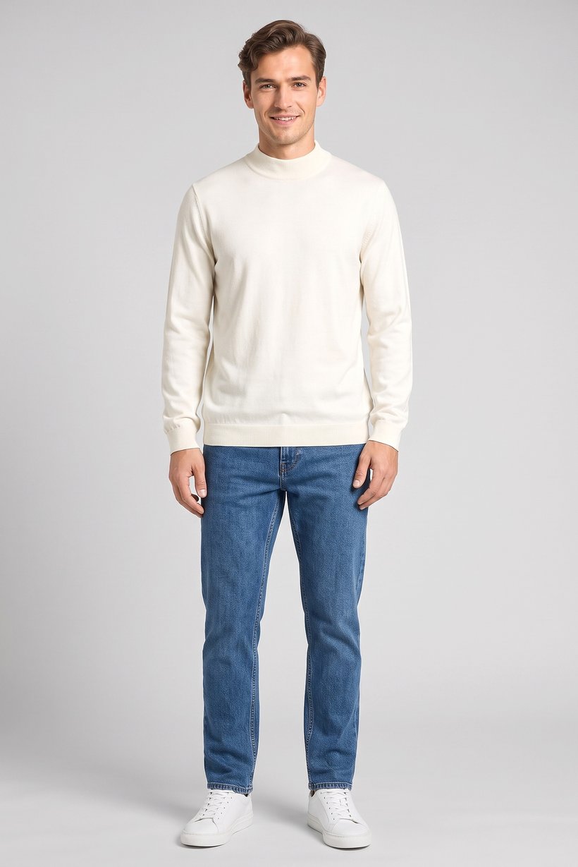 Men Mock Neck Knitted Sweater, Cream