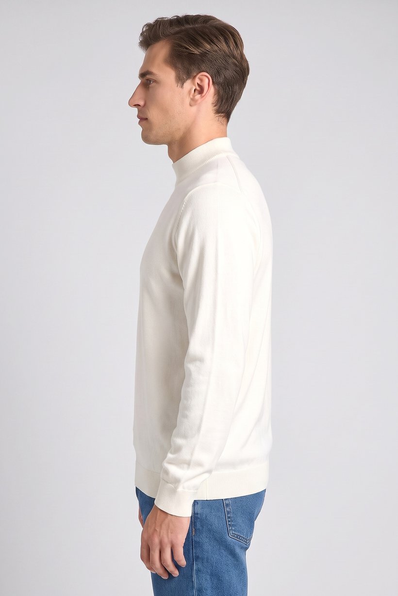 Men Mock Neck Knitted Sweater, Cream