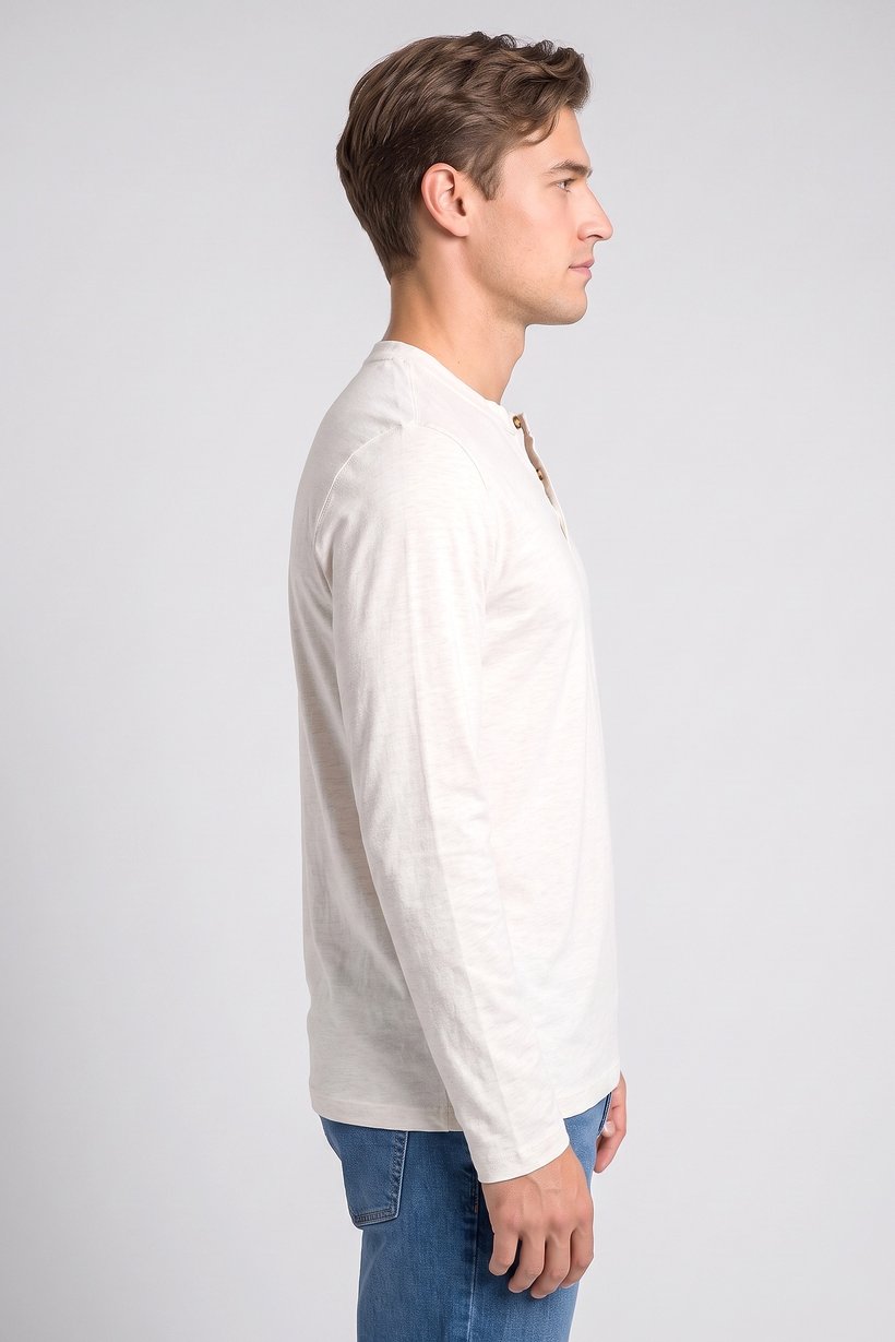 Men Henley Collar Long Sleeve Heather T-Shirt, Beige