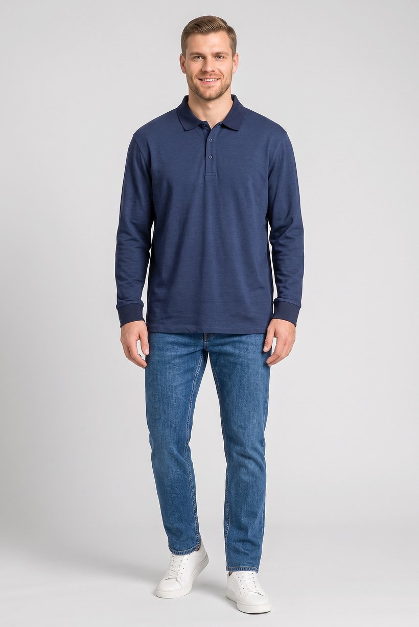 Men Regular Fit Long Sleeve Plain Polo Shirt, Navy
