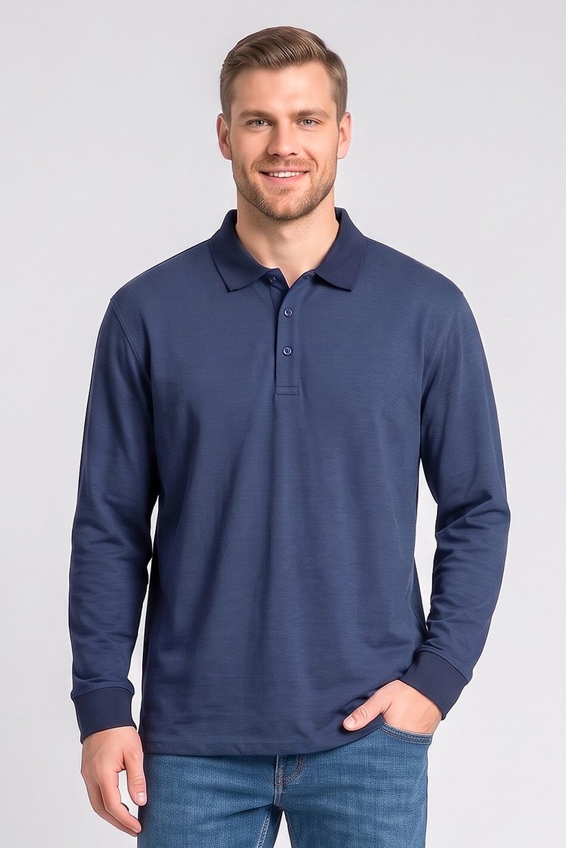 Men Regular Fit Long Sleeve Plain Polo Shirt, Navy