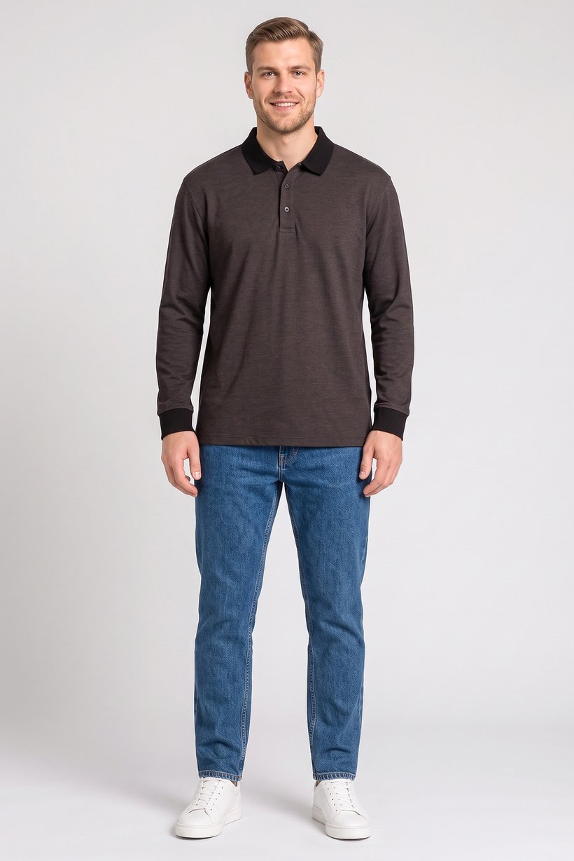 Men Regular Fit Long Sleeve Plain Polo Shirt, Black