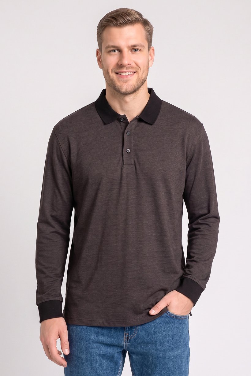Men Regular Fit Long Sleeve Plain Polo Shirt, Black