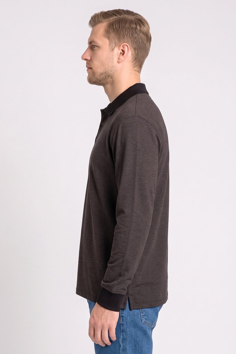 Men Regular Fit Long Sleeve Plain Polo Shirt, Black