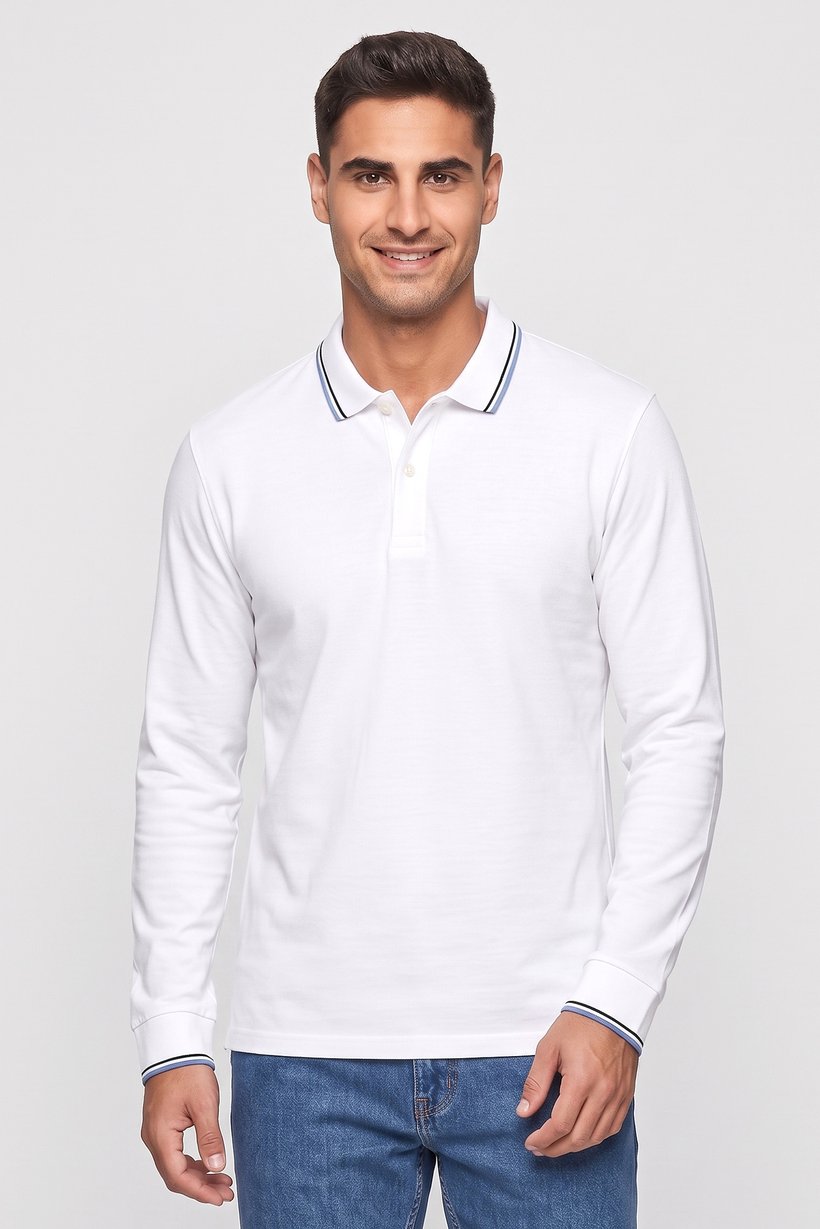 Men Regular Fit Long Sleeve Plain Polo Shirt, White