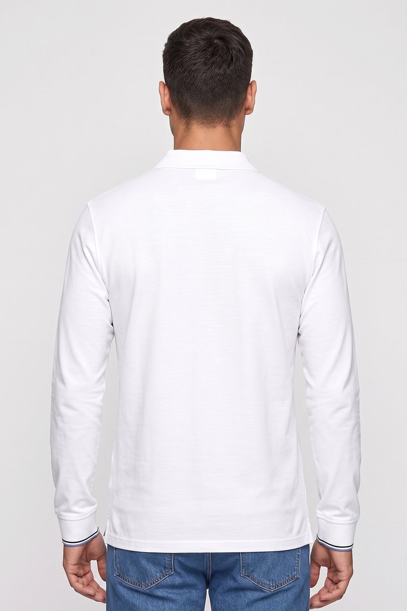 Men Regular Fit Long Sleeve Plain Polo Shirt, White