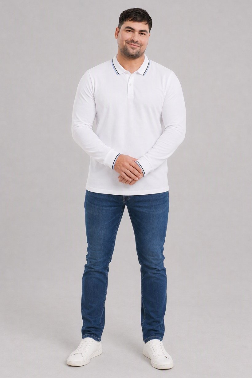 Men Regular Fit Plain Long Sleeve Polo Shirt, White