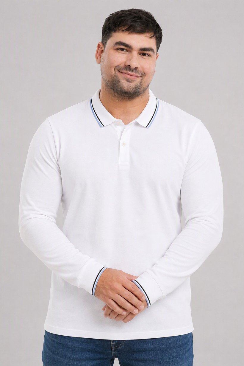 Men Regular Fit Plain Long Sleeve Polo Shirt, White