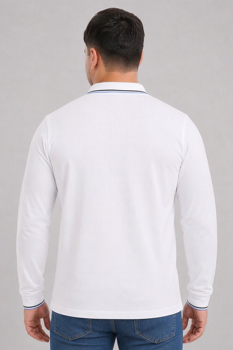Men Regular Fit Plain Long Sleeve Polo Shirt, White