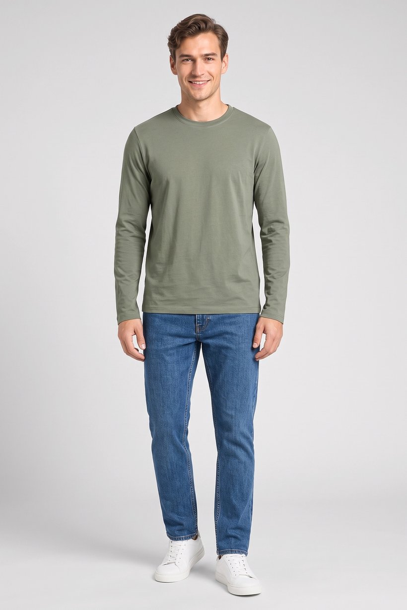 Men Crew Neck Long Sleeve Plain T-Shirt, Olive