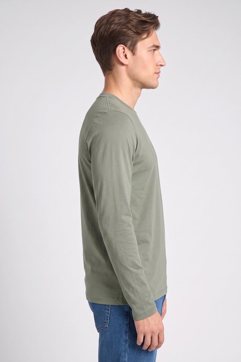 Men Crew Neck Long Sleeve Plain T-Shirt, Olive