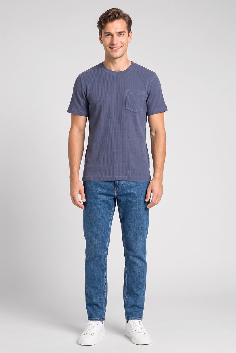 Men Crew Neck Short Sleeve Textured T- Shirt, Navy