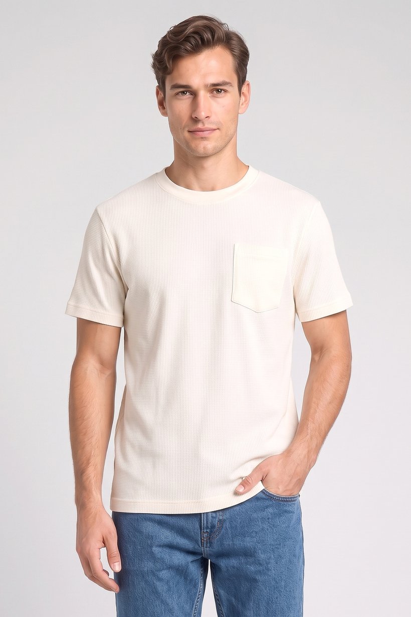 Men Crew Neck Short Sleeve Textured T- Shirt, Beige
