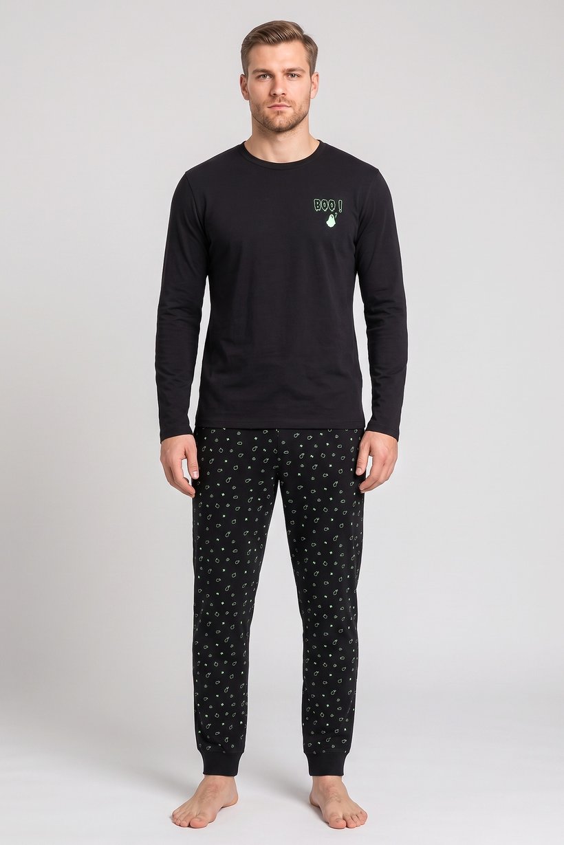 Men Allover Print Long Sleeve Top And Pants Sleepwear Set, Multicolor