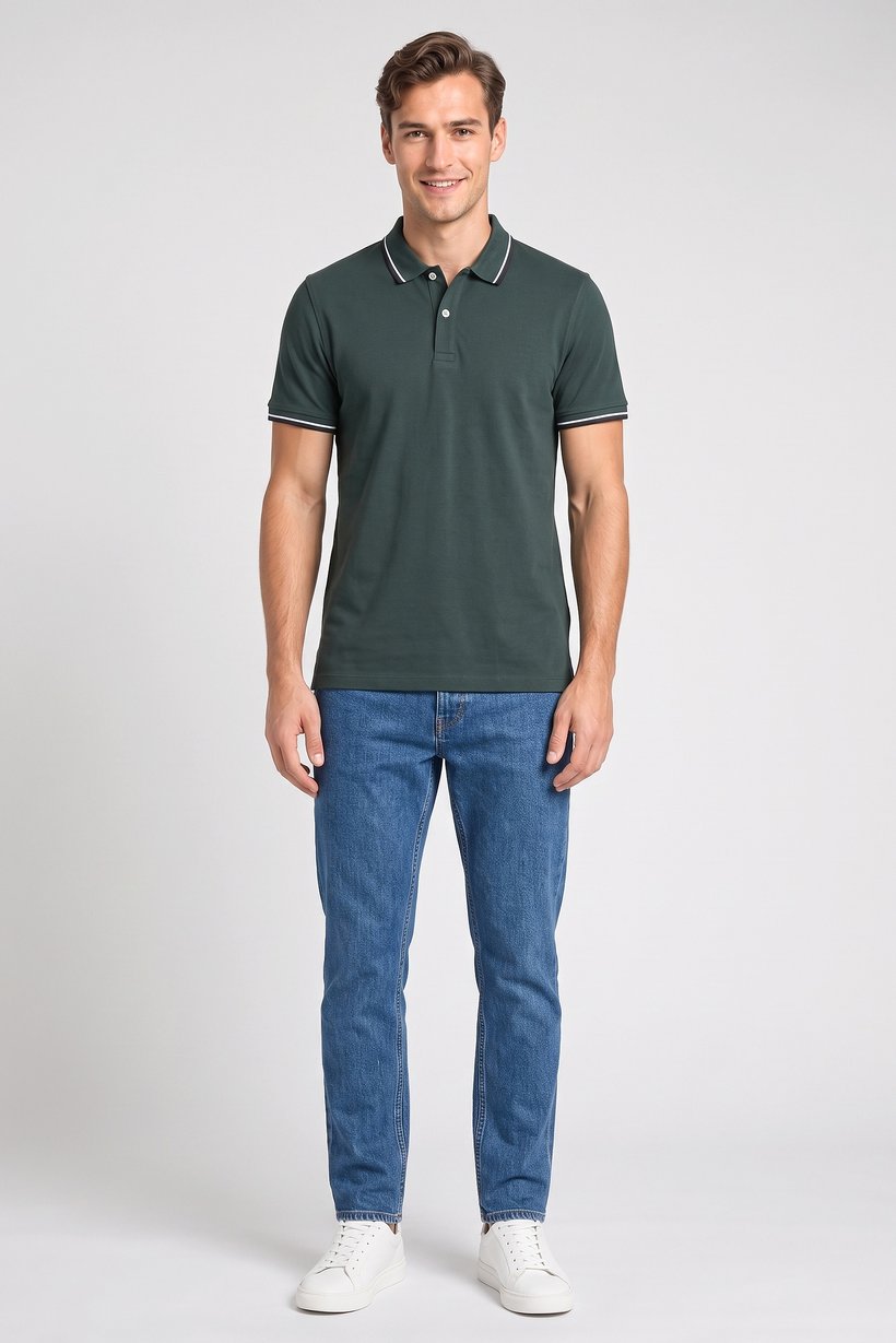 Men Regular Fit Short Sleeve Solid Polo Shirt, Dark Green
