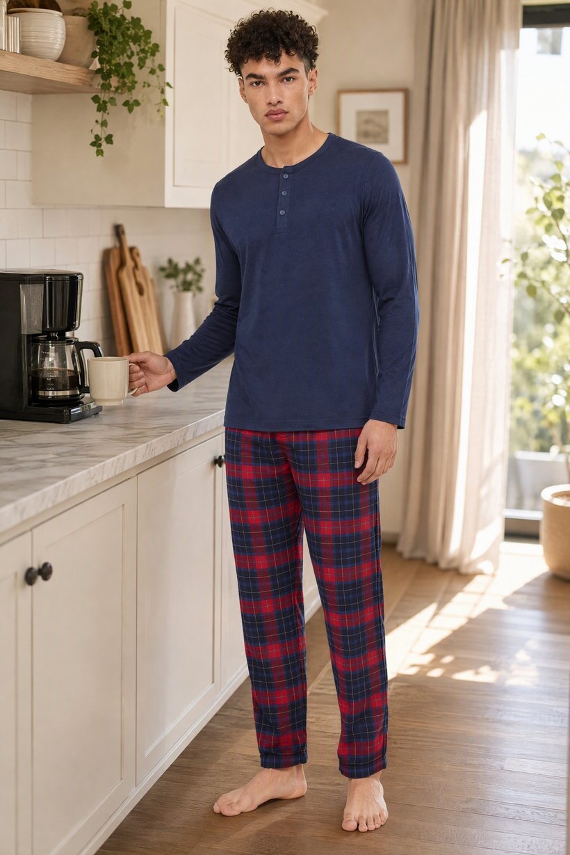 Men 2 Pieces Checkered Long Sleeve T-Shirt And Pants Pajama Set, Multicolor