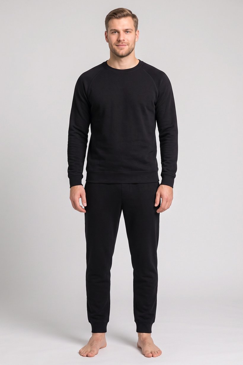 Men 2 Pieces Textured Shirt And Pants Pajama Set, Black