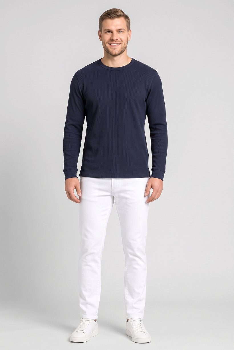Men Crew Neck Long Sleeve Textured Sweatshirt, Navy