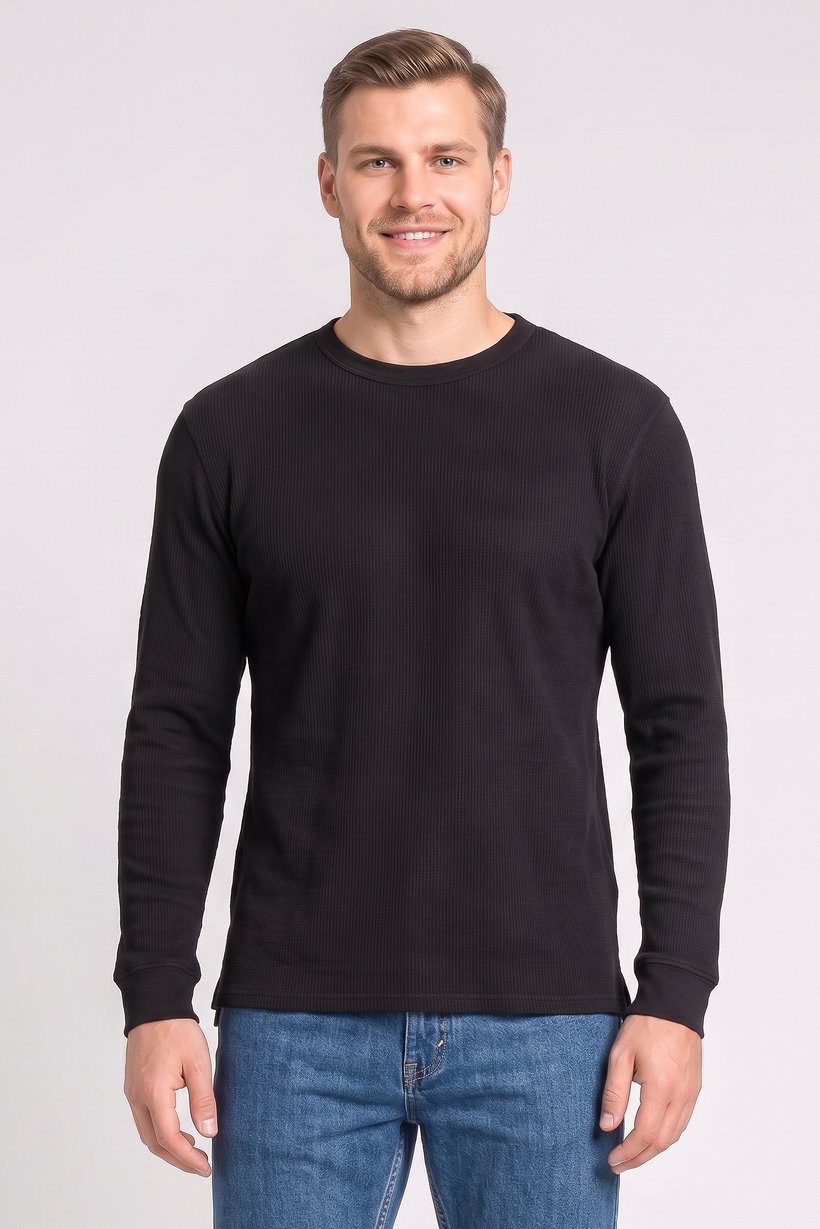 Men Crew Neck Textured Sweater, Black
