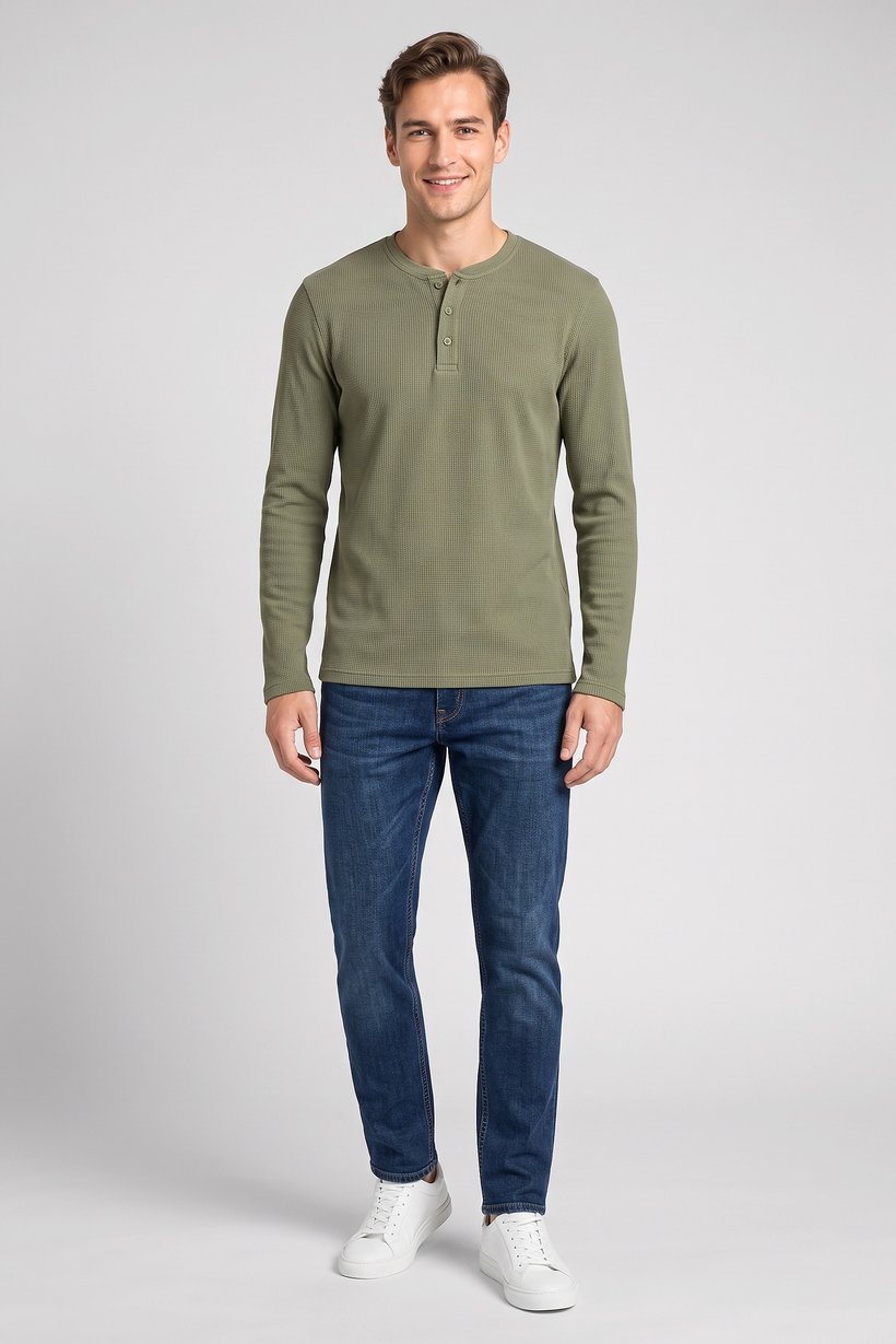 Men Henley Neck Long Sleeve Textured T-Shirt, Green