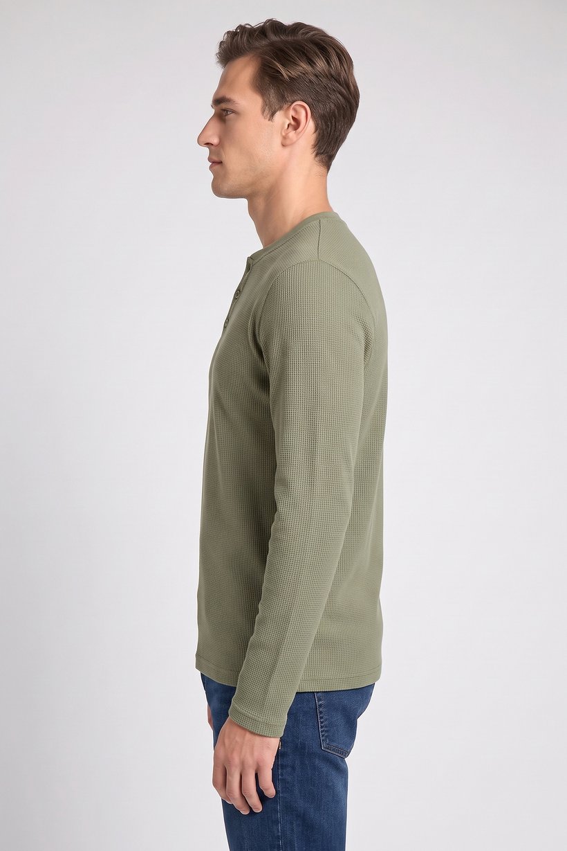 Men Henley Neck Long Sleeve Textured T-Shirt, Green