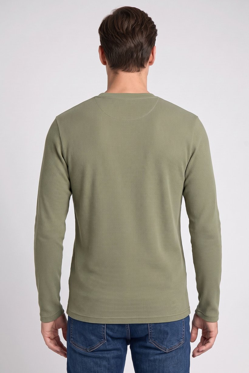 Men Henley Neck Long Sleeve Textured T-Shirt, Green