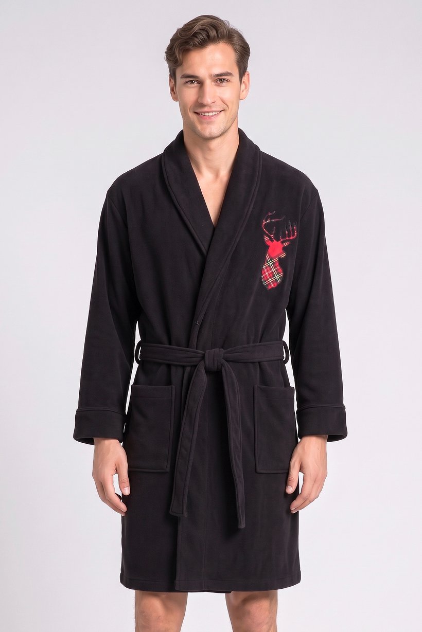 Men Embroidered Logo Long Sleeve Bathrobe, Black