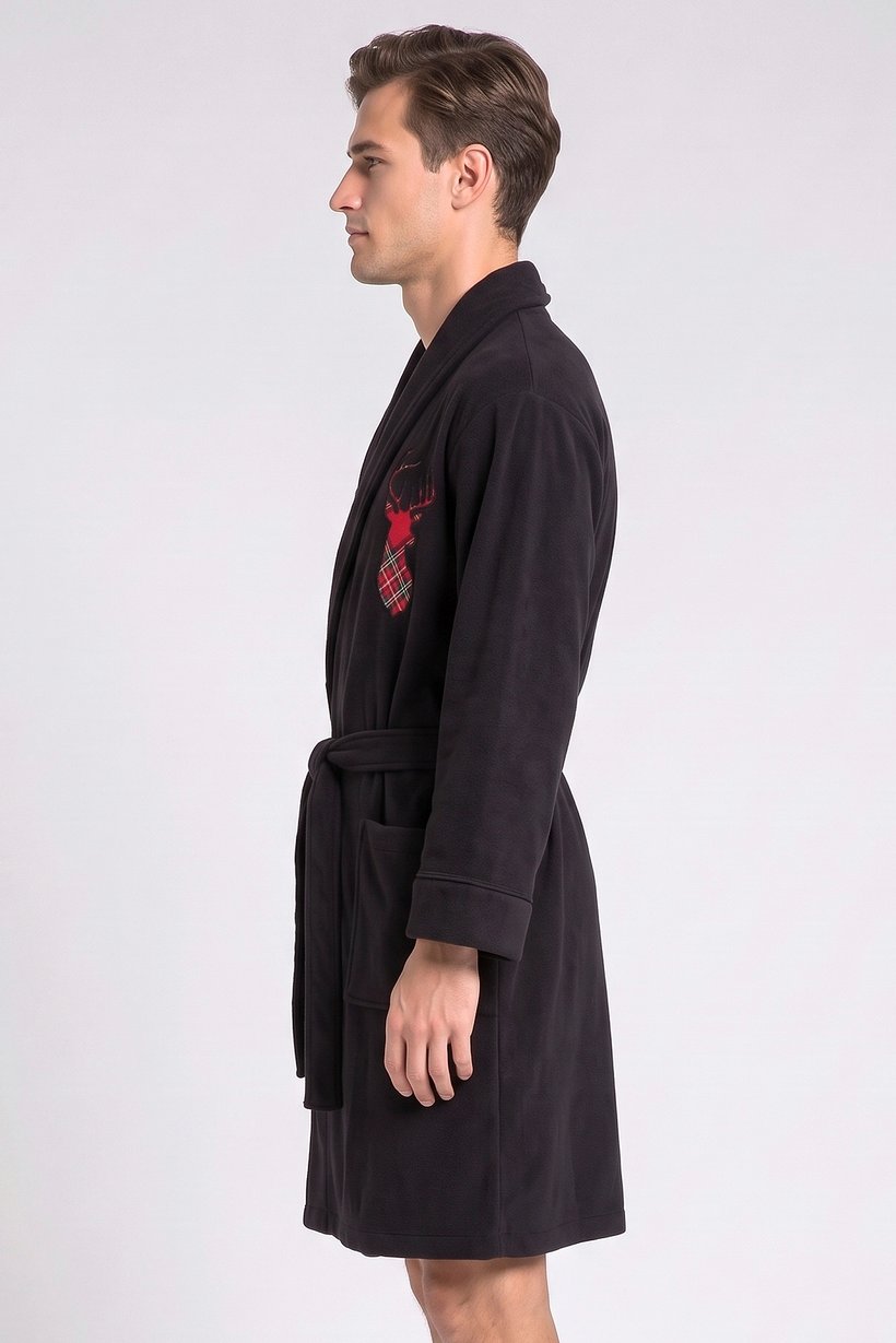 Men Embroidered Logo Long Sleeve Bathrobe, Black