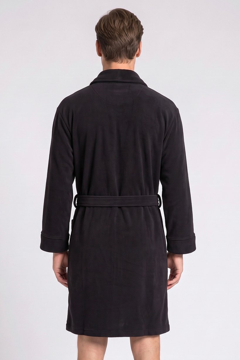 Men Embroidered Logo Long Sleeve Bathrobe, Black