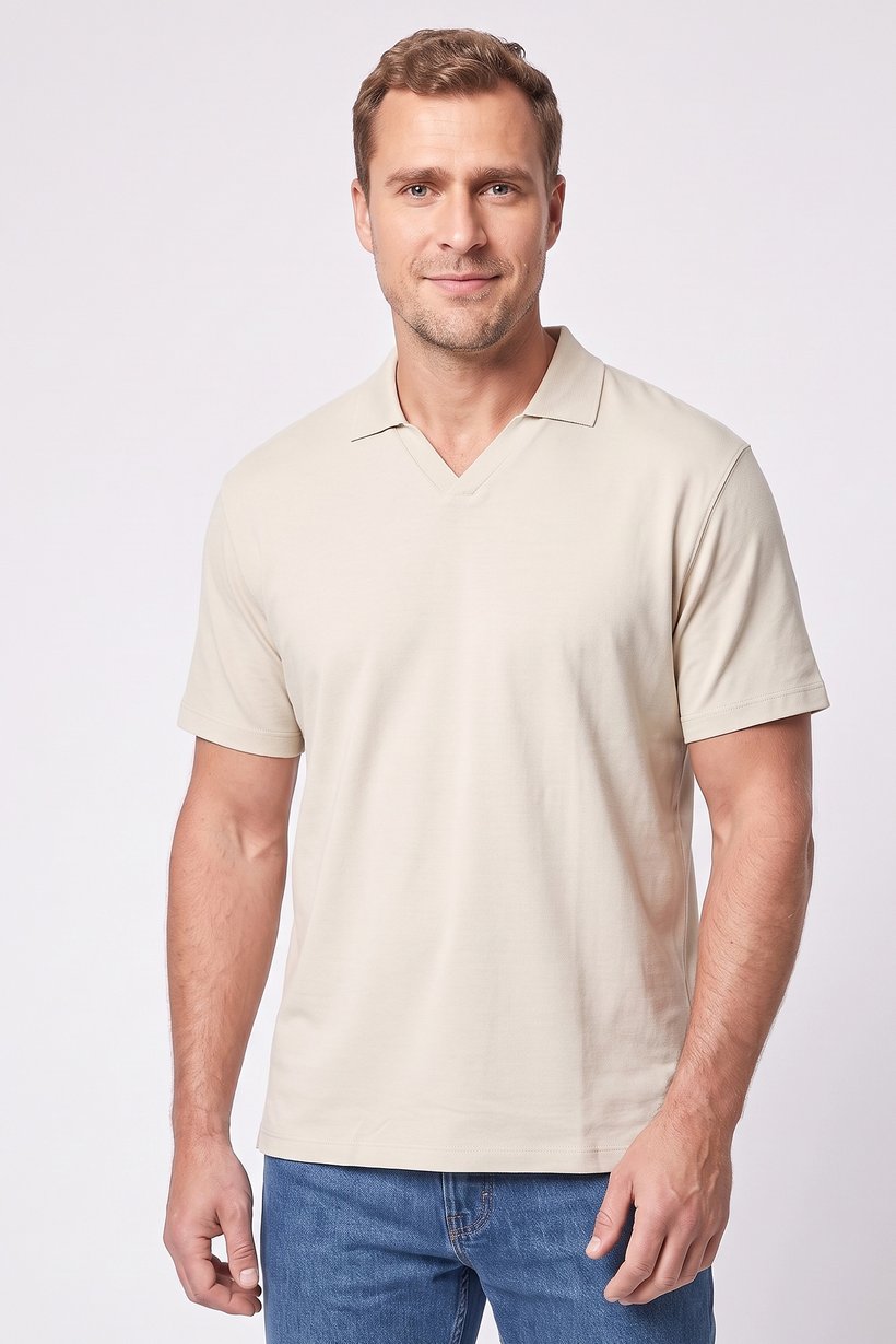 Men Regular Fit Solid Short Sleeve Polo Shirt, Beige