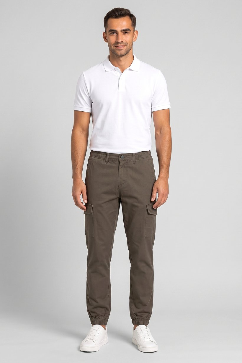 Men Slim Fit Solid Cargo Pants, Olive