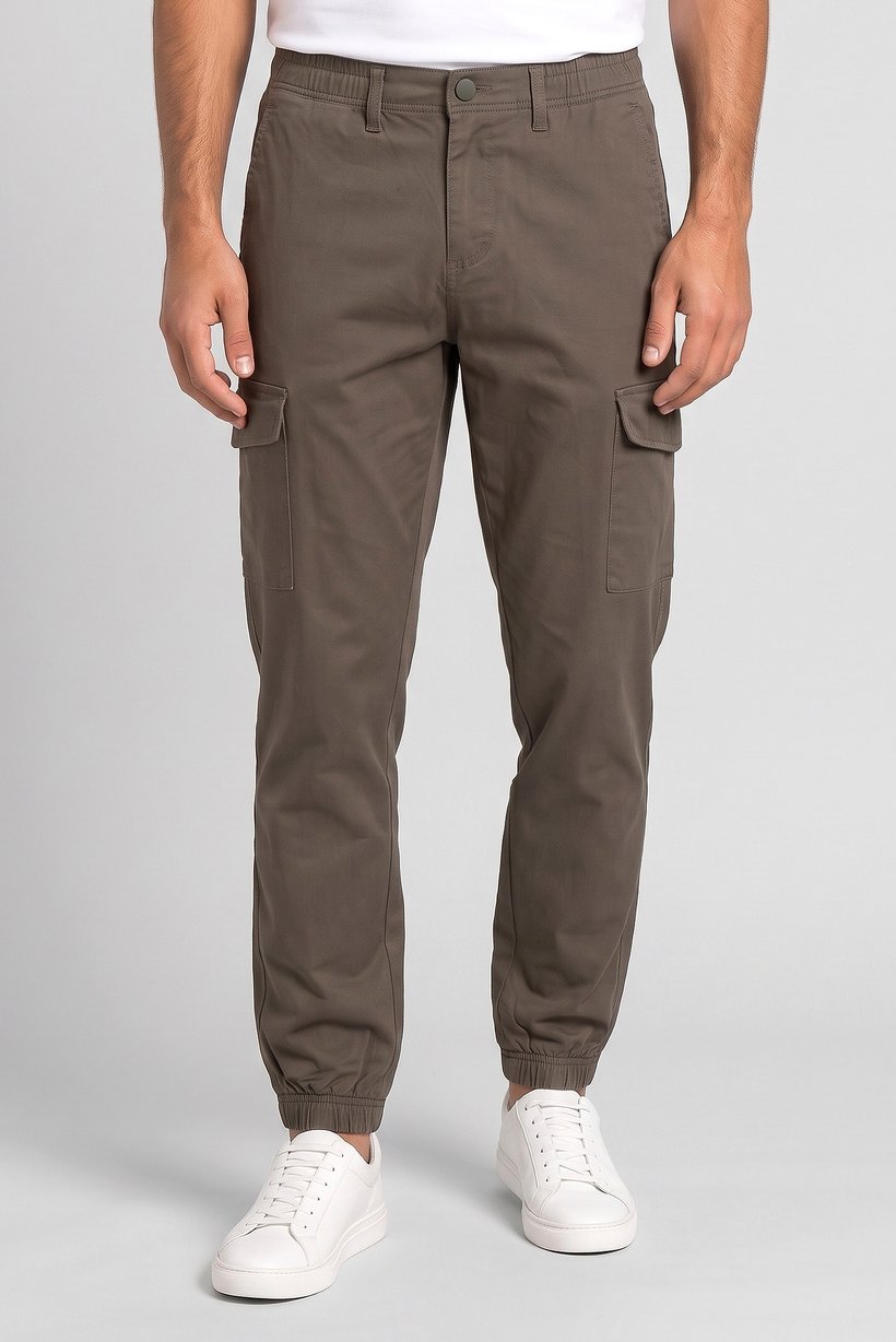 Men Slim Fit Solid Cargo Pants, Olive