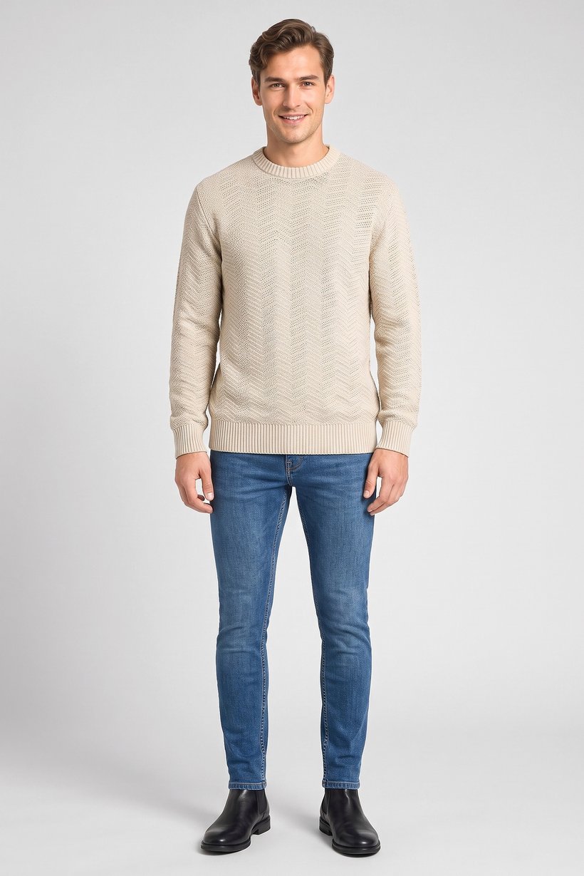 Men Crew Neck Knitted Sweater, Beige