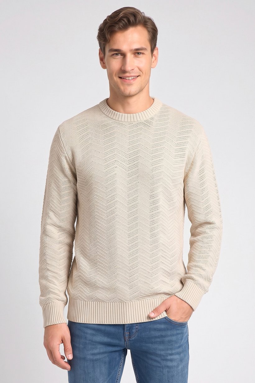 Men Crew Neck Knitted Sweater, Beige
