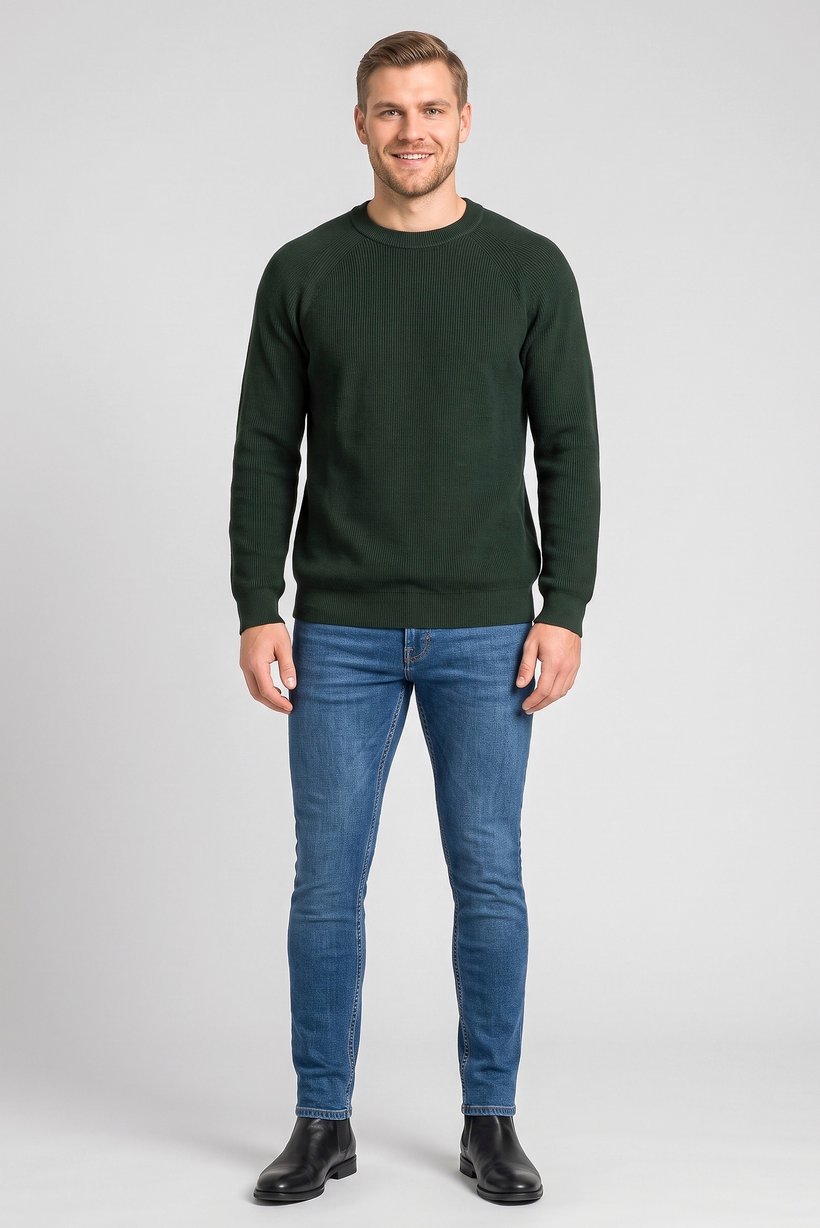 Men Crew Neck Knitted Sweater, Dark Green