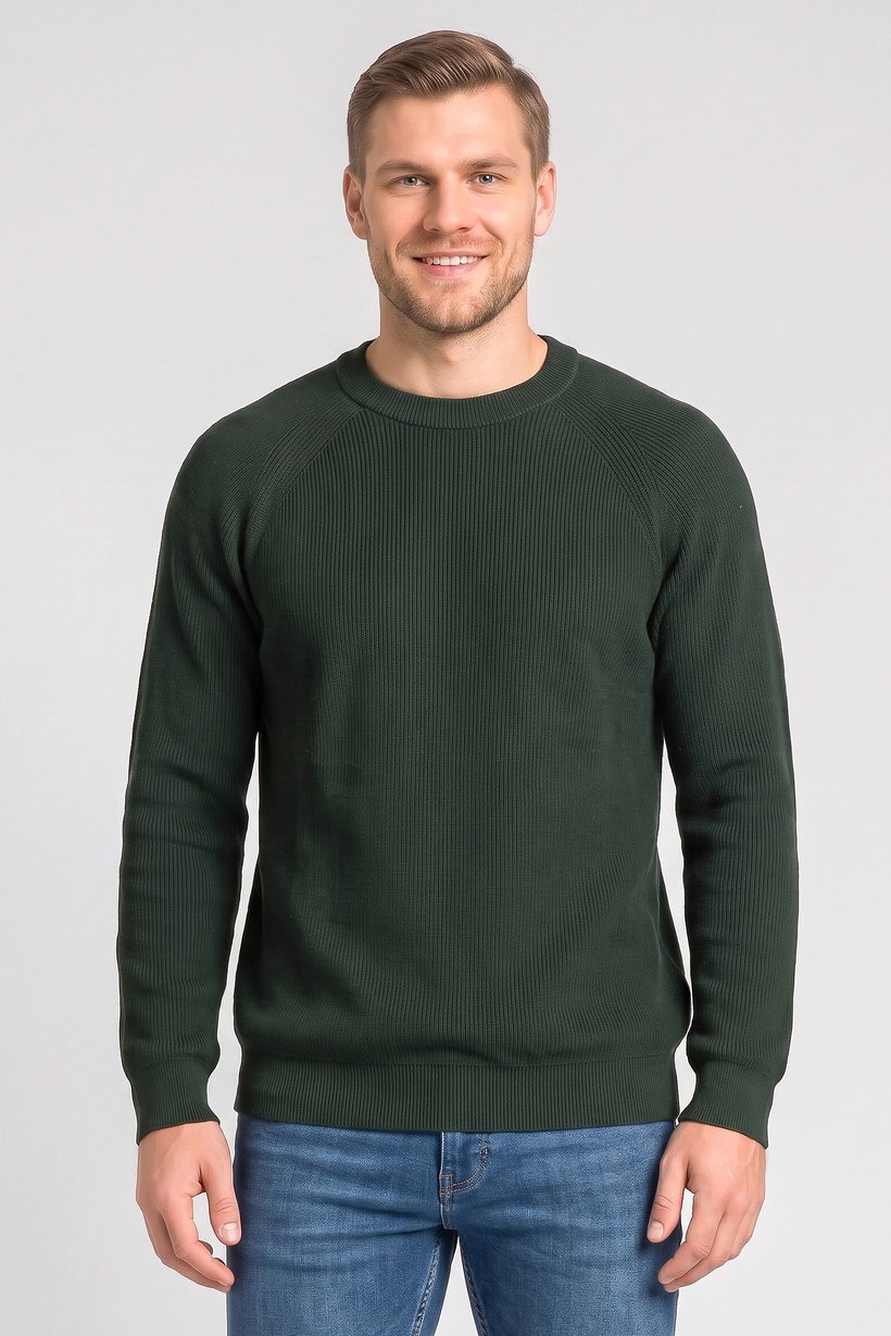 Men Crew Neck Knitted Sweater, Dark Green