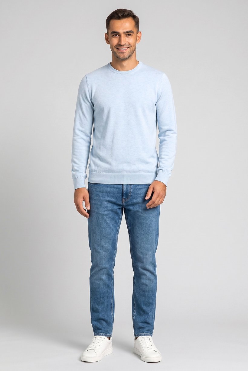 Men Crew Neck Textured Sweater, Sky Blue