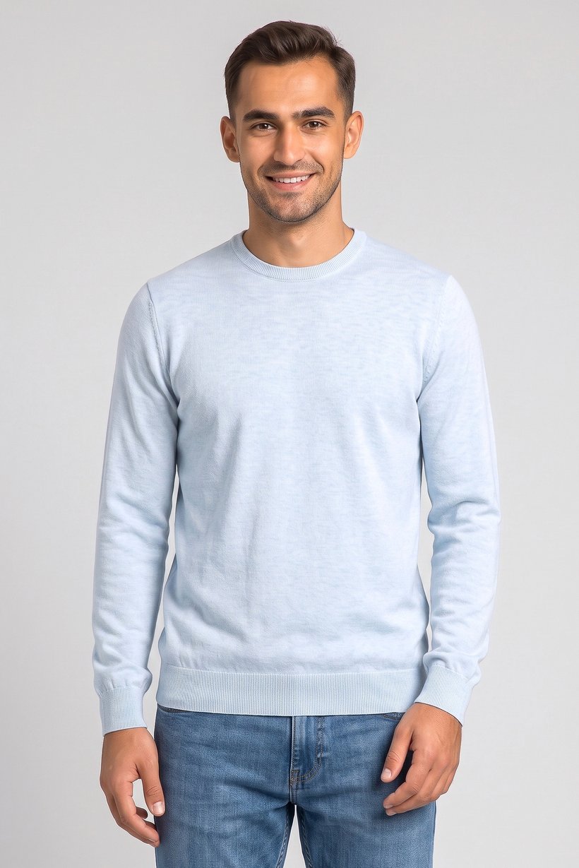 Men Crew Neck Textured Sweater, Sky Blue