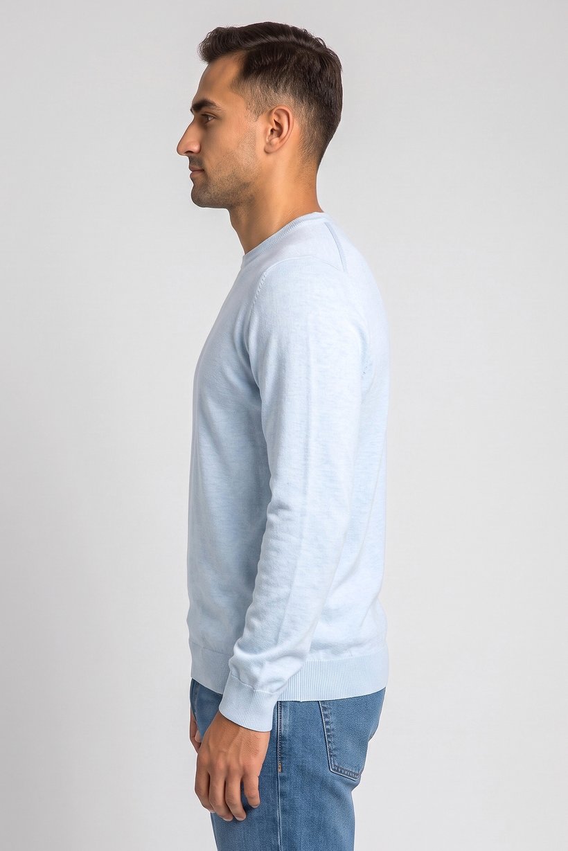 Men Crew Neck Textured Sweater, Sky Blue