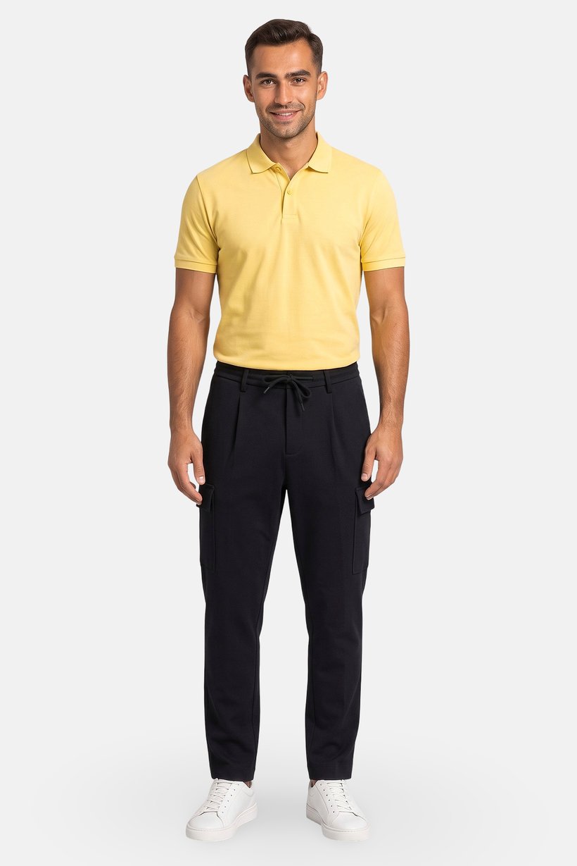 Men Regular Fit Solid Cargo Pants, Navy Blue