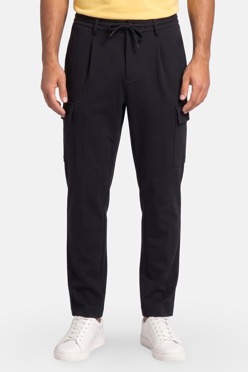 Men Regular Fit Solid Cargo Pants, Navy Blue